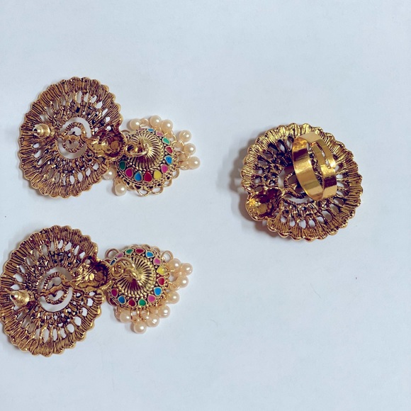 Two Pieces Earrings Nad Ring Set Faux Pearls Tassel Emery Rose Jumka Earrings - Picture 6 of 8